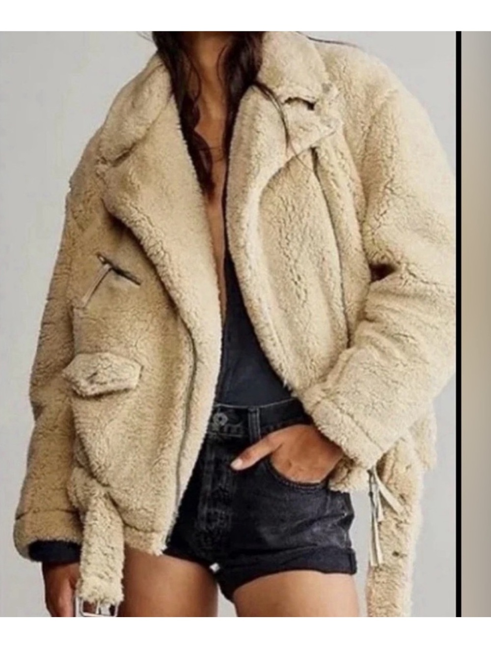 Free People Cream Sherpa Motorcycle Jacket